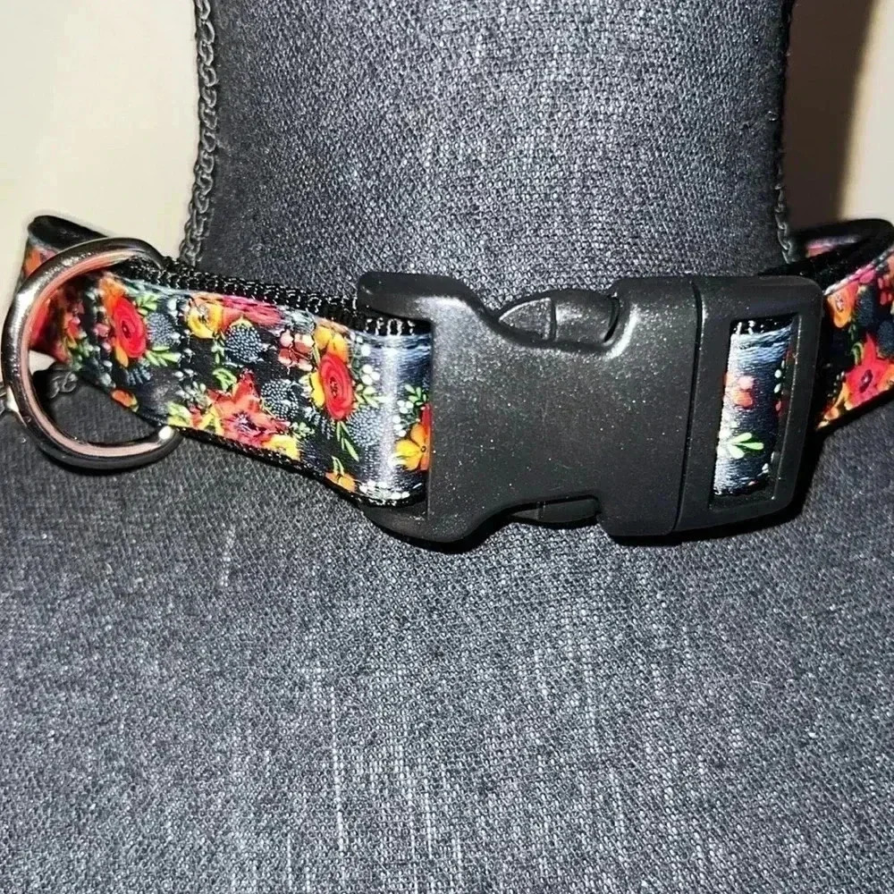 Dog Collar Orange Pink Floral Black Extra Large Heavy Duty Quick Release Collar - Picture 9 of 16